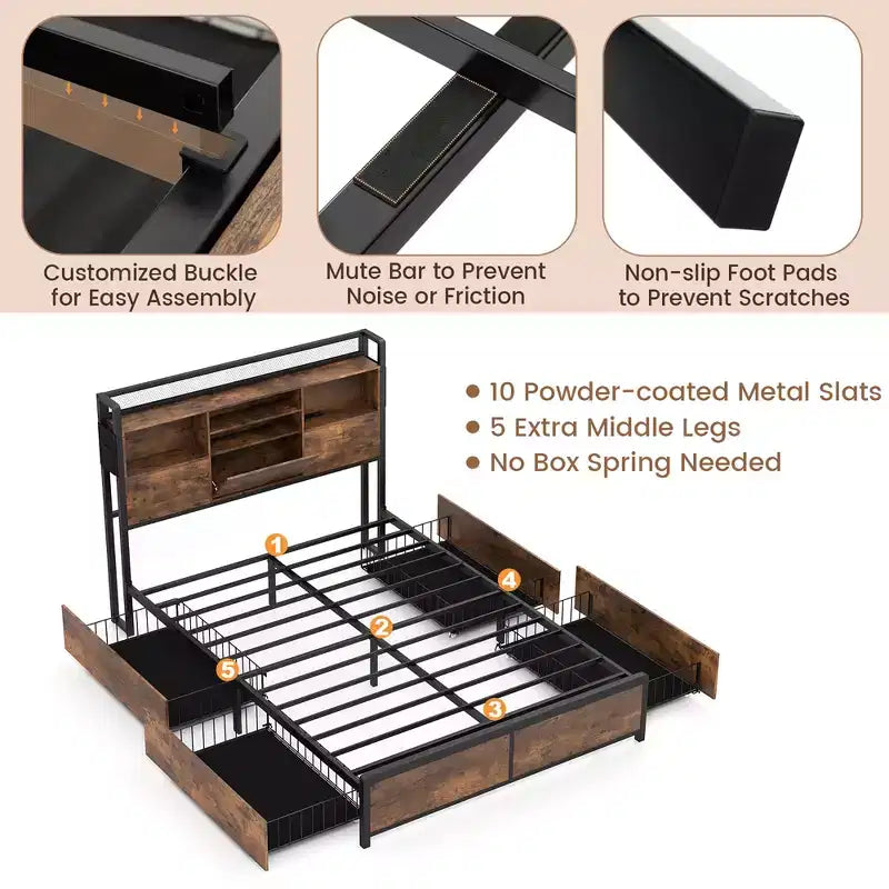 Costway Full Size Bed Frame w/ Bookcase Headboard & 4 Storage Drawers Vintage Brown