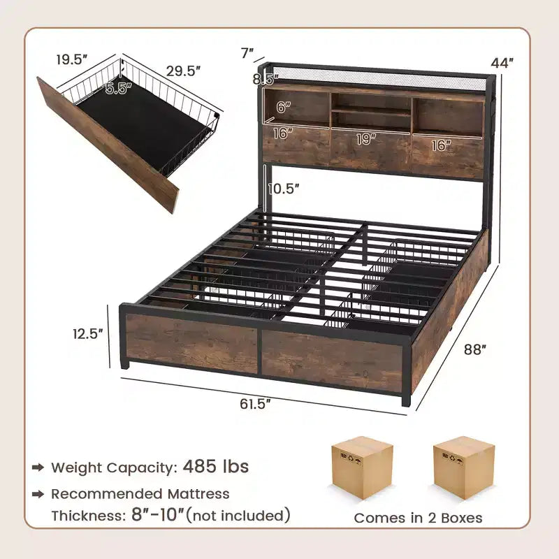 Costway Full Size Bed Frame w/ Bookcase Headboard & 4 Storage Drawers Vintage Brown