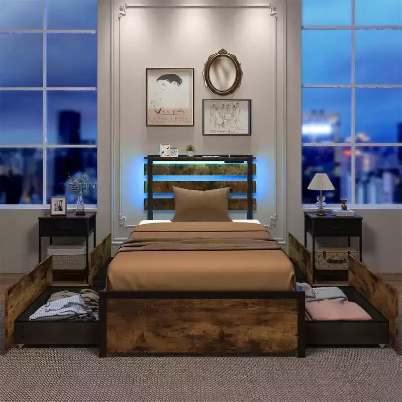 Costway Twin Size Bed Frame w/ Drawers LED Lights Outlets & USB Ports Smart APP Control