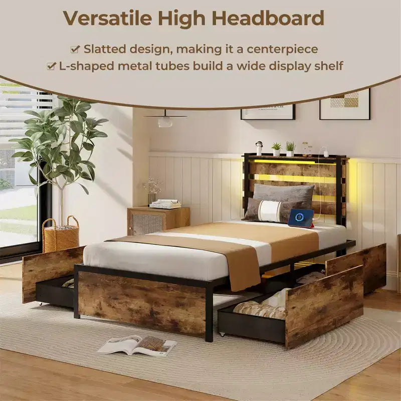 Costway Twin Size Bed Frame w/ Drawers LED Lights Outlets & USB Ports Smart APP Control