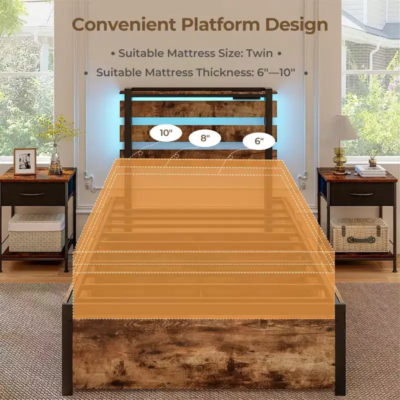 Costway Twin Size Bed Frame w/ Drawers LED Lights Outlets & USB Ports Smart APP Control