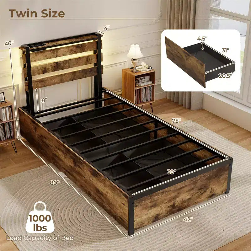 Costway Twin Size Bed Frame w/ Drawers LED Lights Outlets & USB Ports Smart APP Control