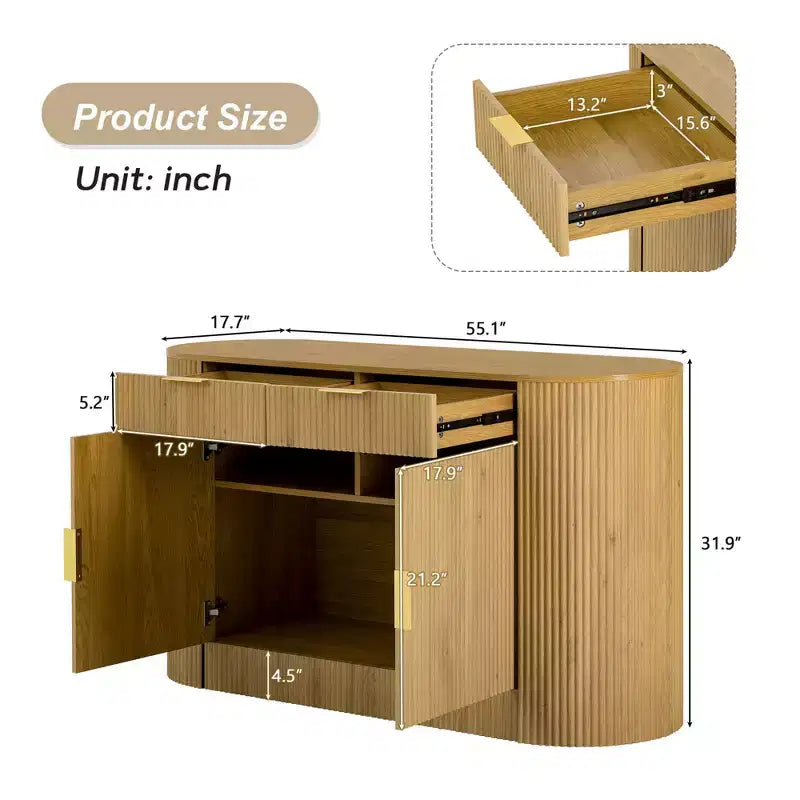 Okak Farmhouse 2-Drawer & 2-Door Sideboard Storage Cabinet for Dining Room;Living Room;Kitchen Pantry Cabinets with Curved Side Door