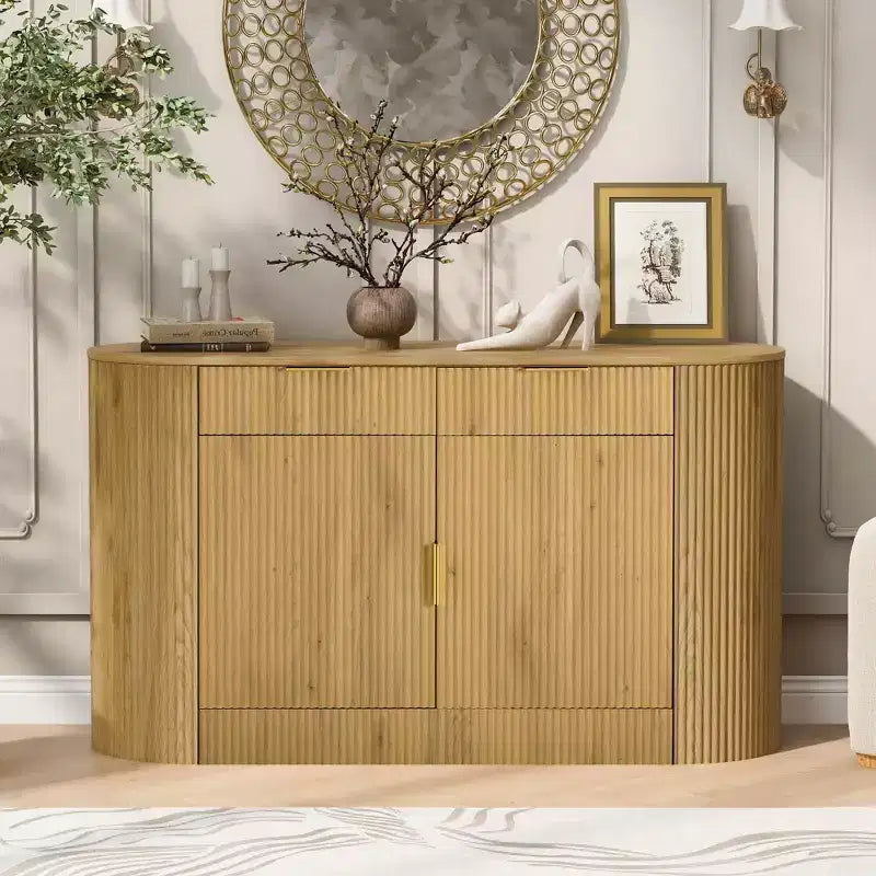 Okak Farmhouse 2-Drawer & 2-Door Sideboard Storage Cabinet for Dining Room;Living Room;Kitchen Pantry Cabinets with Curved Side Door
