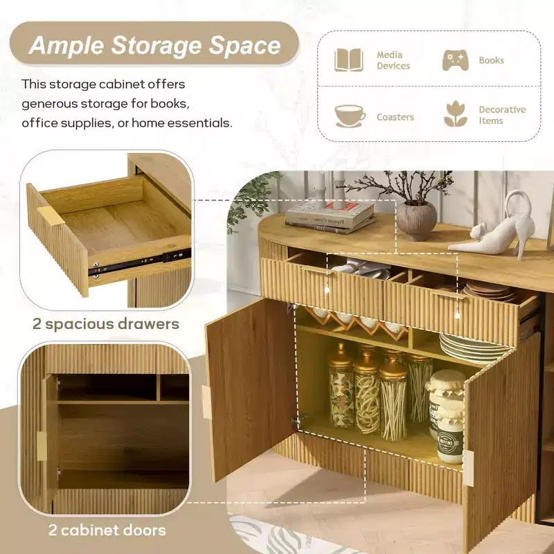 Okak Farmhouse 2-Drawer & 2-Door Sideboard Storage Cabinet for Dining Room;Living Room;Kitchen Pantry Cabinets with Curved Side Door