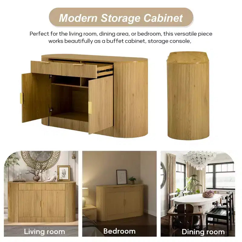 Okak Farmhouse 2-Drawer & 2-Door Sideboard Storage Cabinet for Dining Room;Living Room;Kitchen Pantry Cabinets with Curved Side Door