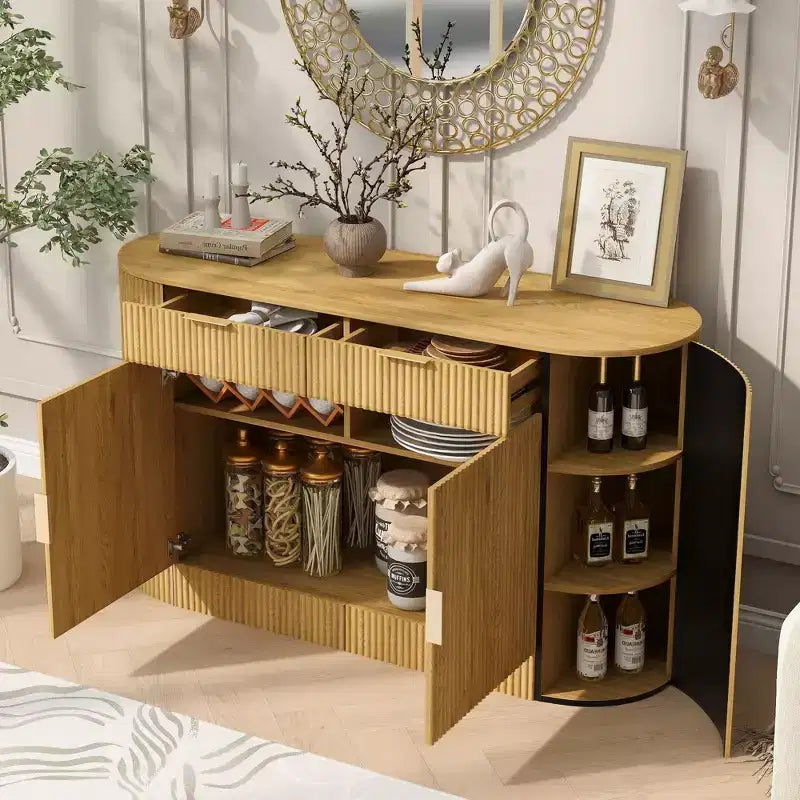 Okak Farmhouse 2-Drawer & 2-Door Sideboard Storage Cabinet for Dining Room;Living Room;Kitchen Pantry Cabinets with Curved Side Door