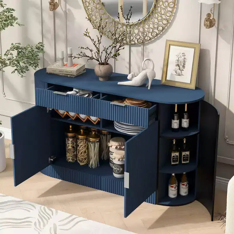 Okak Farmhouse 2-Drawer & 2-Door Sideboard Storage Cabinet for Dining Room;Living Room;Kitchen Pantry Cabinets with Curved Side Door