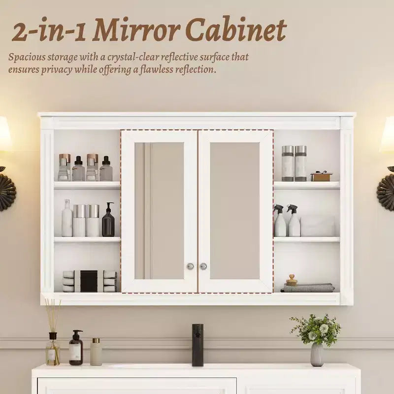 Whisen 47 Bathroom Mirror Storage Cabinet; Wall Mounted Medicine Cabinet with Adjustable Shelf