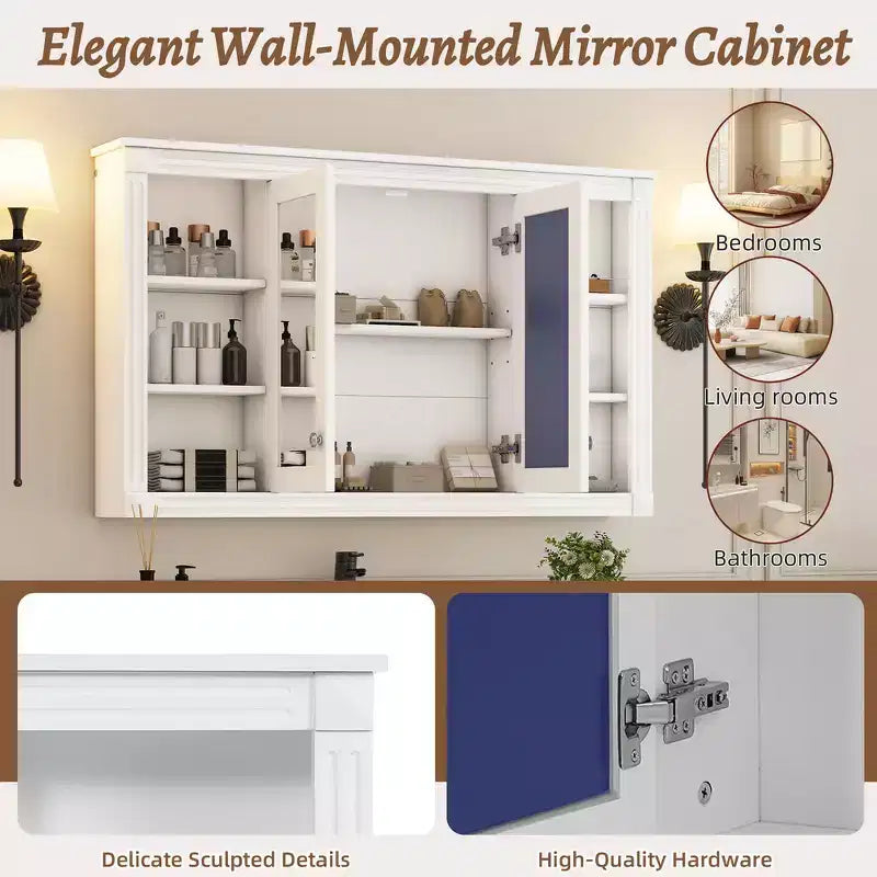 Whisen 47 Bathroom Mirror Storage Cabinet; Wall Mounted Medicine Cabinet with Adjustable Shelf