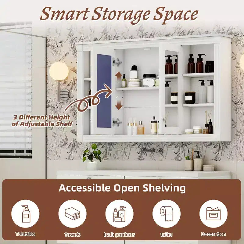 Whisen 47 Bathroom Mirror Storage Cabinet; Wall Mounted Medicine Cabinet with Adjustable Shelf