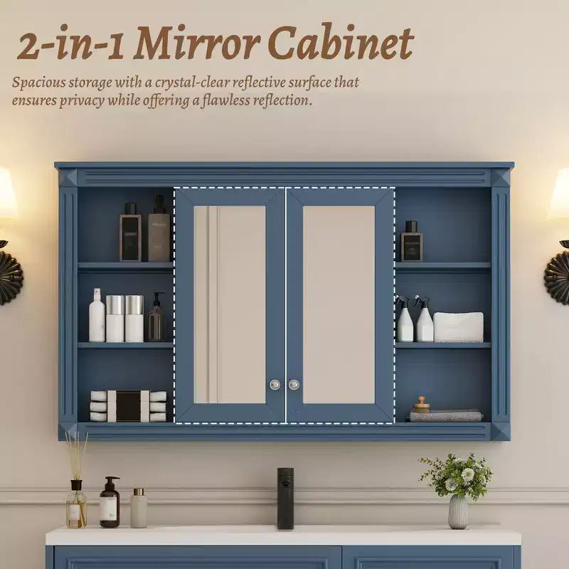 Whisen 47 Bathroom Mirror Storage Cabinet; Wall Mounted Medicine Cabinet with Adjustable Shelf