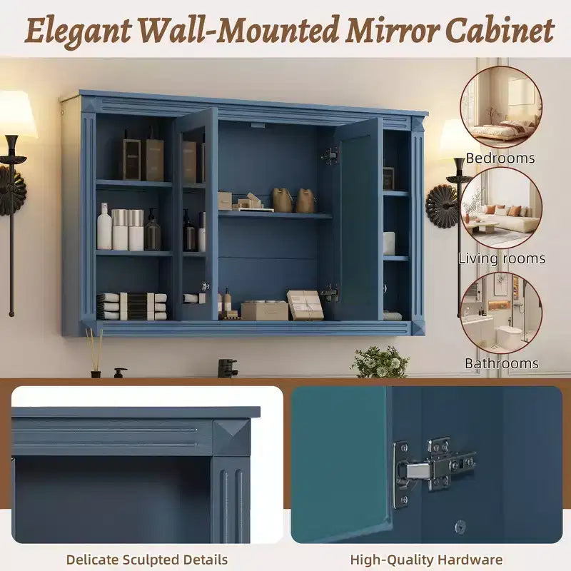 Whisen 47 Bathroom Mirror Storage Cabinet; Wall Mounted Medicine Cabinet with Adjustable Shelf