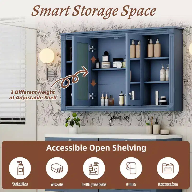Whisen 47 Bathroom Mirror Storage Cabinet; Wall Mounted Medicine Cabinet with Adjustable Shelf