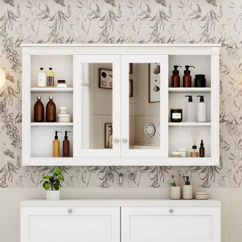 Whisen 47 Bathroom Mirror Storage Cabinet; Wall Mounted Medicine Cabinet with Adjustable Shelf