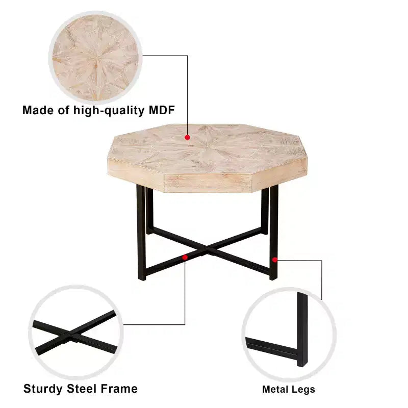 Wood Octagon Vintage Patchwork Craft Farmhouse Wooden Tabletop Cross Metal Legs Coffee Table For Living Room