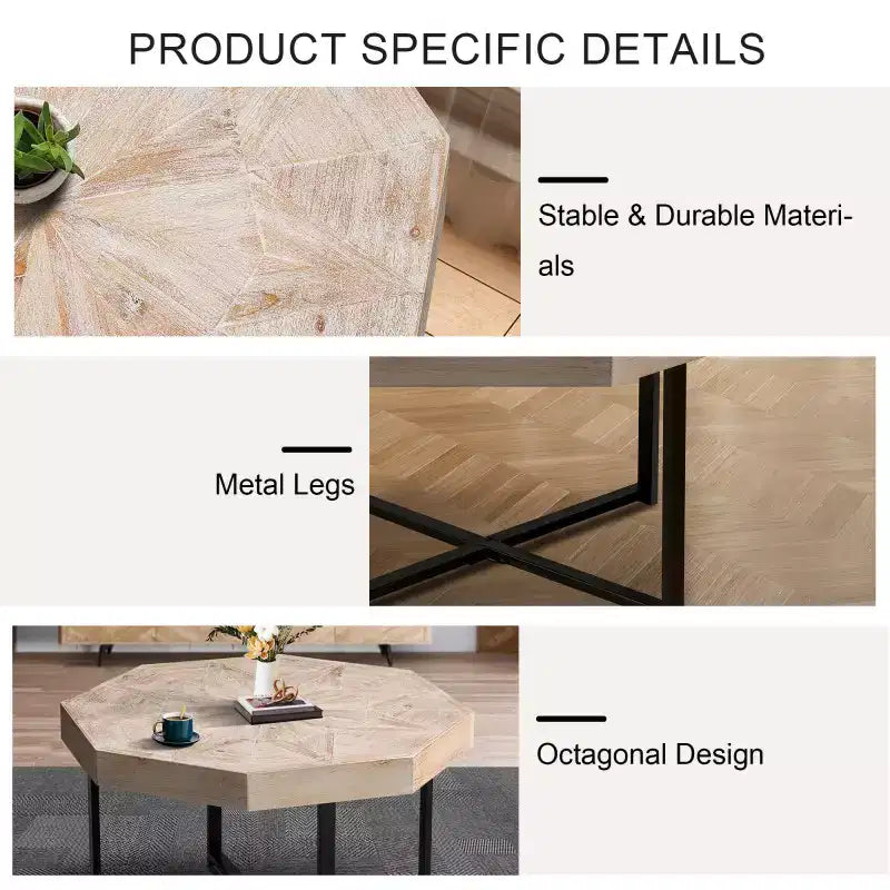 Wood Octagon Vintage Patchwork Craft Farmhouse Wooden Tabletop Cross Metal Legs Coffee Table For Living Room