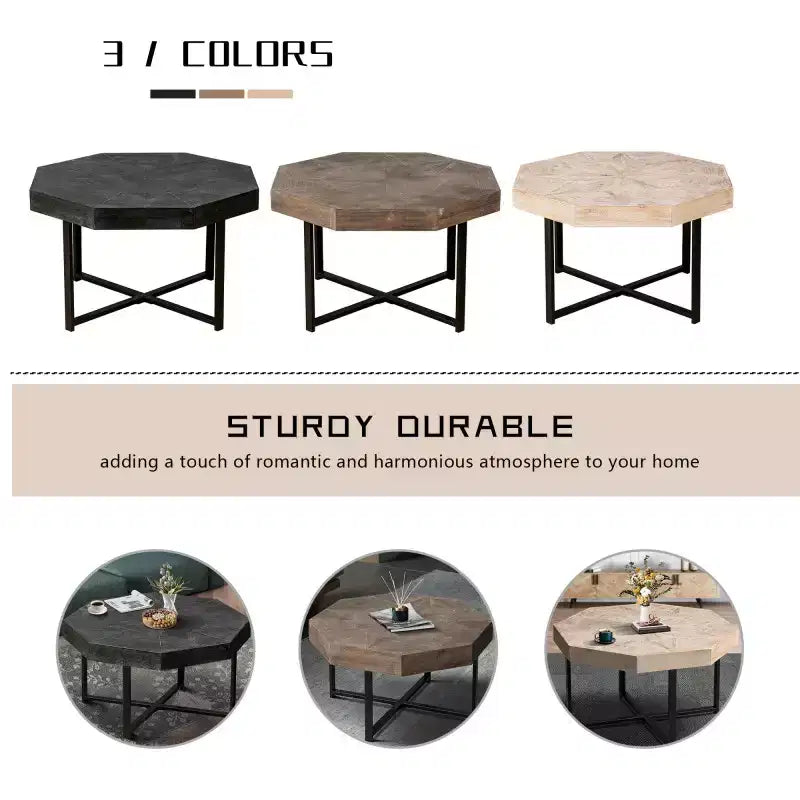 Wood Octagon Vintage Patchwork Craft Farmhouse Wooden Tabletop Cross Metal Legs Coffee Table For Living Room