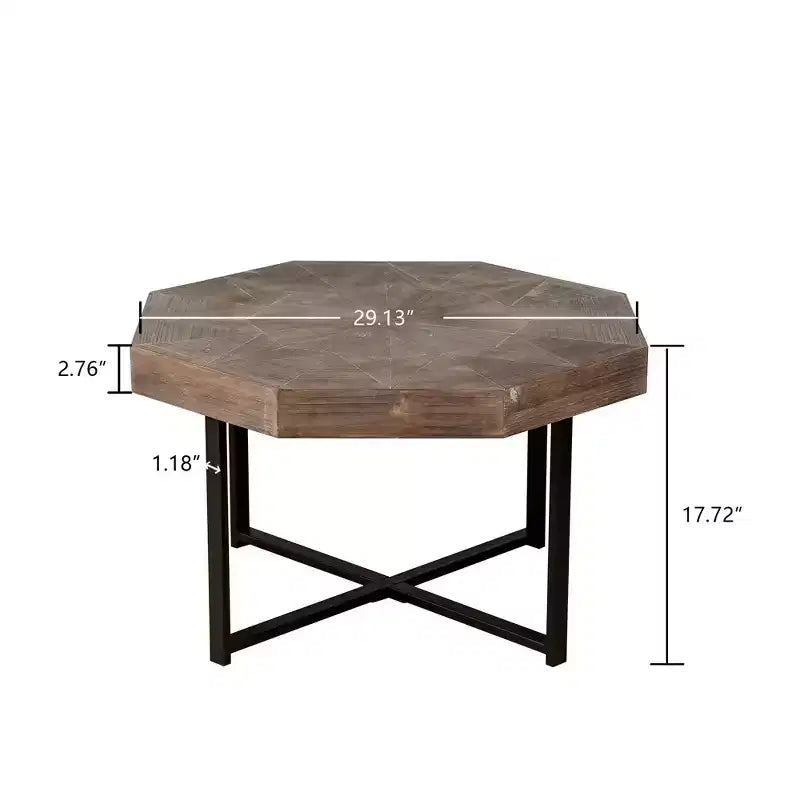 Wood Octagon Vintage Patchwork Craft Farmhouse Wooden Tabletop Cross Metal Legs Coffee Table For Living Room