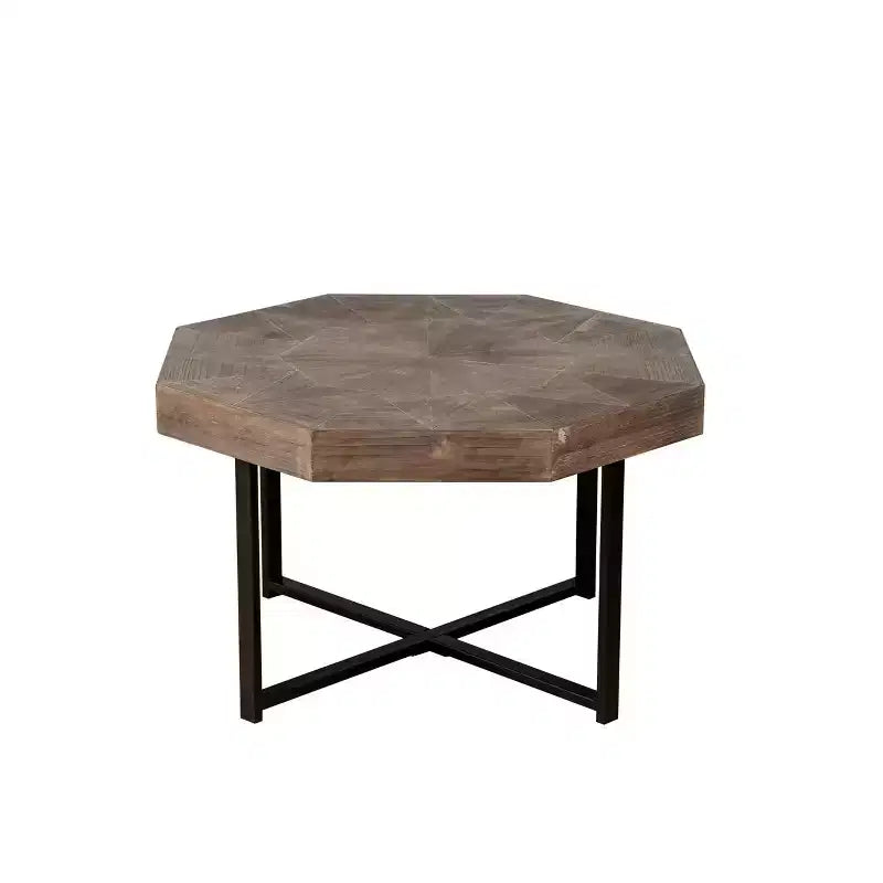 Wood Octagon Vintage Patchwork Craft Farmhouse Wooden Tabletop Cross Metal Legs Coffee Table For Living Room