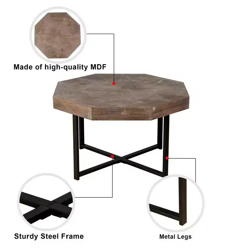 Wood Octagon Vintage Patchwork Craft Farmhouse Wooden Tabletop Cross Metal Legs Coffee Table For Living Room