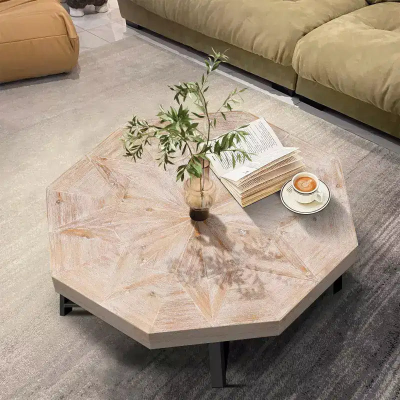Wood Octagon Vintage Patchwork Craft Farmhouse Wooden Tabletop Cross Metal Legs Coffee Table For Living Room