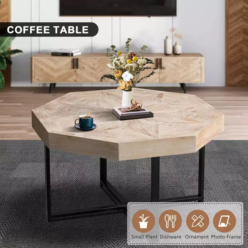 Wood Octagon Vintage Patchwork Craft Farmhouse Wooden Tabletop Cross Metal Legs Coffee Table For Living Room