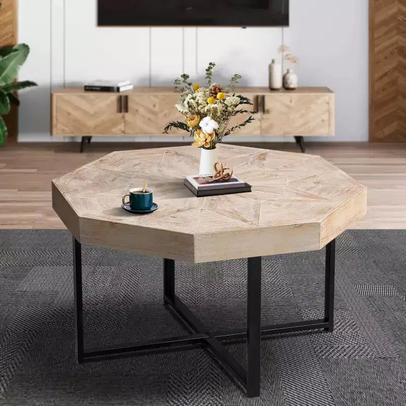 Wood Octagon Vintage Patchwork Craft Farmhouse Wooden Tabletop Cross Metal Legs Coffee Table For Living Room