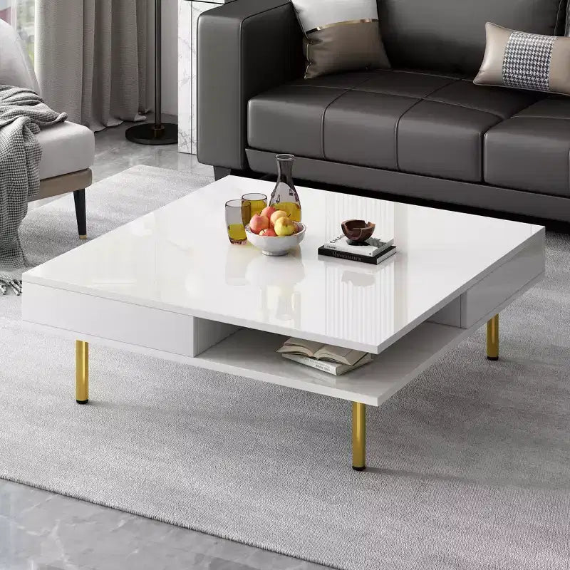33.4 Coffee Table with 2 Drawers; 2-Tier Square Design; Open Shelves; 4 Golden Legs; Mid-Century Side Table for Living Room; White.