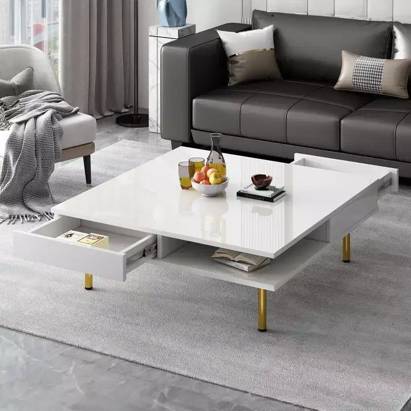 33.4 Coffee Table with 2 Drawers; 2-Tier Square Design; Open Shelves; 4 Golden Legs; Mid-Century Side Table for Living Room; White.