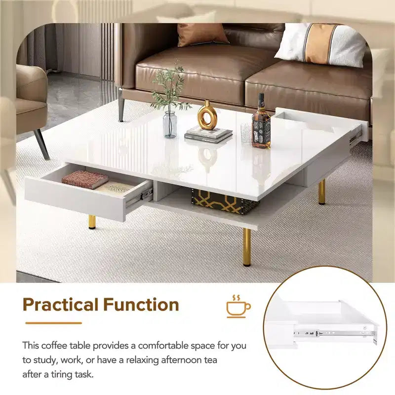 33.4 Coffee Table with 2 Drawers; 2-Tier Square Design; Open Shelves; 4 Golden Legs; Mid-Century Side Table for Living Room; White.