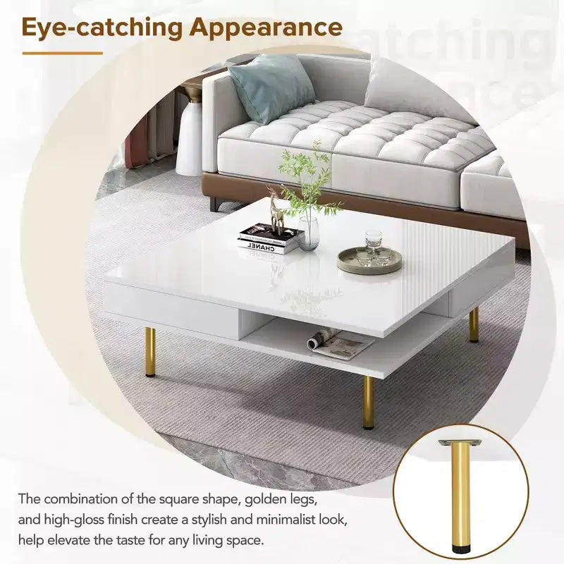 33.4 Coffee Table with 2 Drawers; 2-Tier Square Design; Open Shelves; 4 Golden Legs; Mid-Century Side Table for Living Room; White.