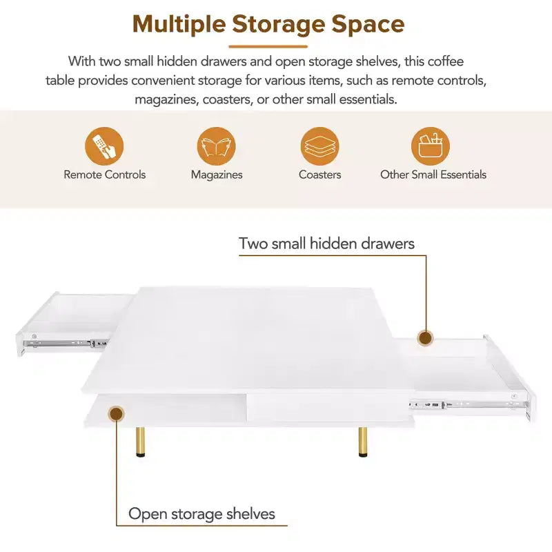 33.4 Coffee Table with 2 Drawers; 2-Tier Square Design; Open Shelves; 4 Golden Legs; Mid-Century Side Table for Living Room; White.