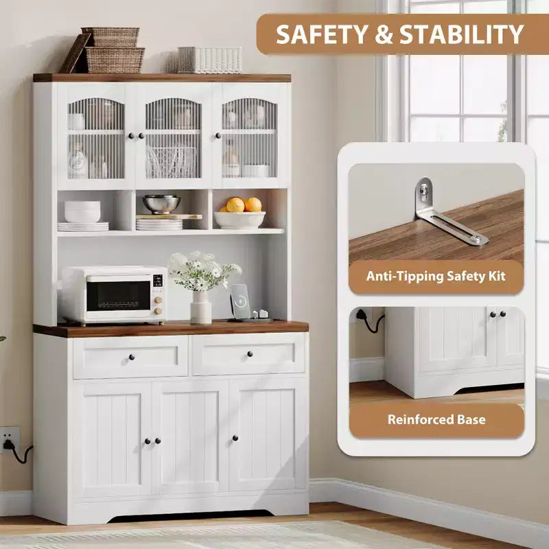 71 Pantry Cabinet with Charging Station; Tall Kitchen Pantry Storage Cabinet with Storage Drawers for Living Room; Dining Room