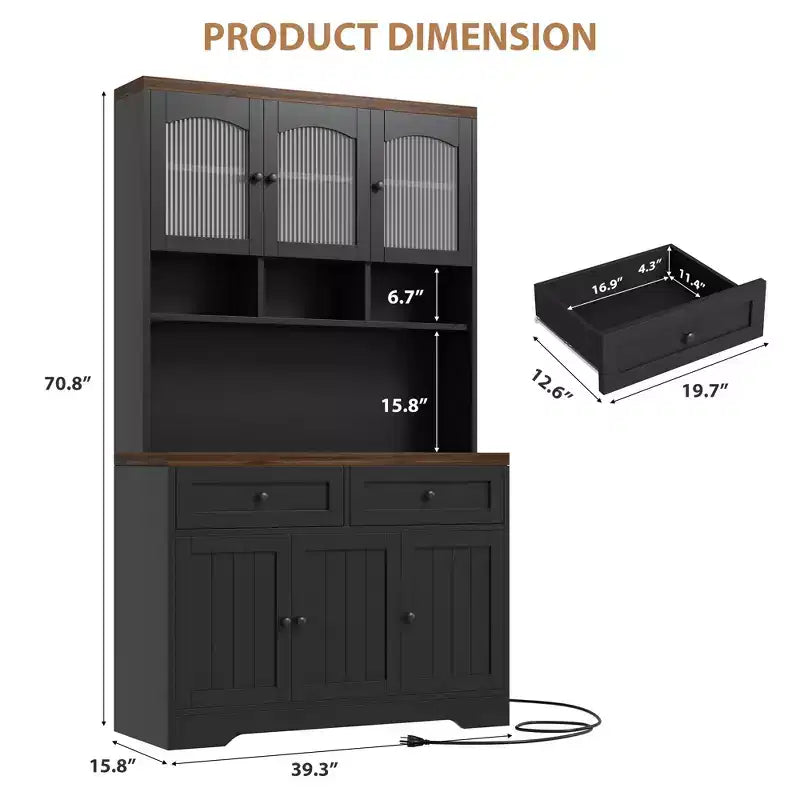 71 Pantry Cabinet with Charging Station; Tall Kitchen Pantry Storage Cabinet with Storage Drawers for Living Room; Dining Room