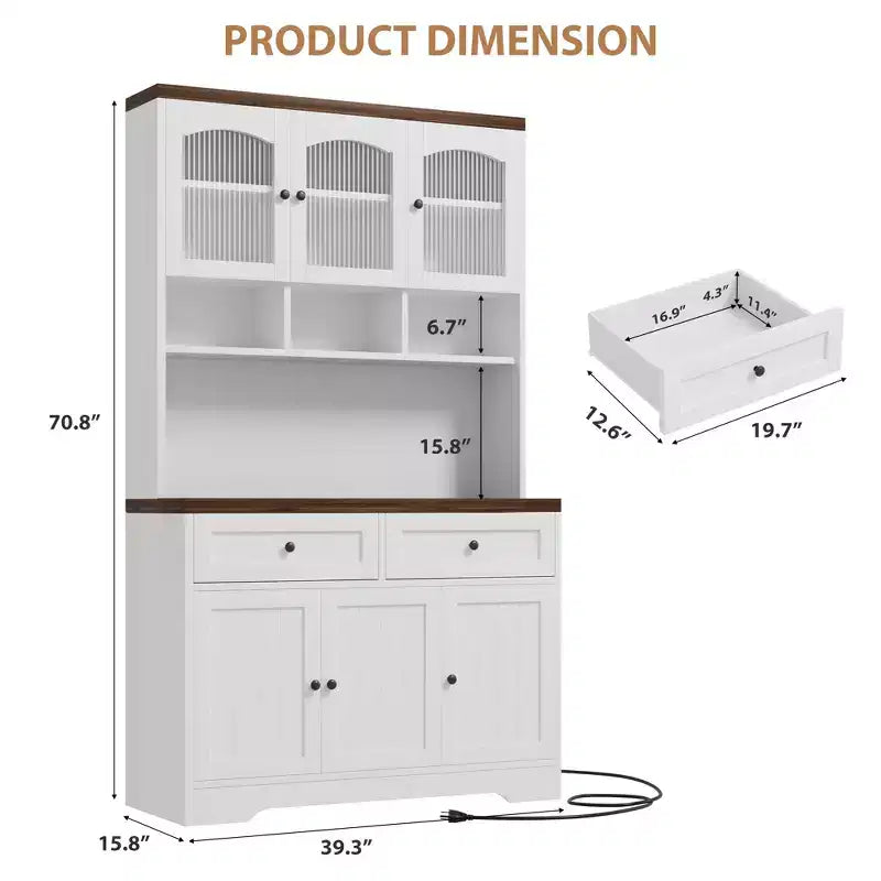 71 Pantry Cabinet with Charging Station; Tall Kitchen Pantry Storage Cabinet with Storage Drawers for Living Room; Dining Room
