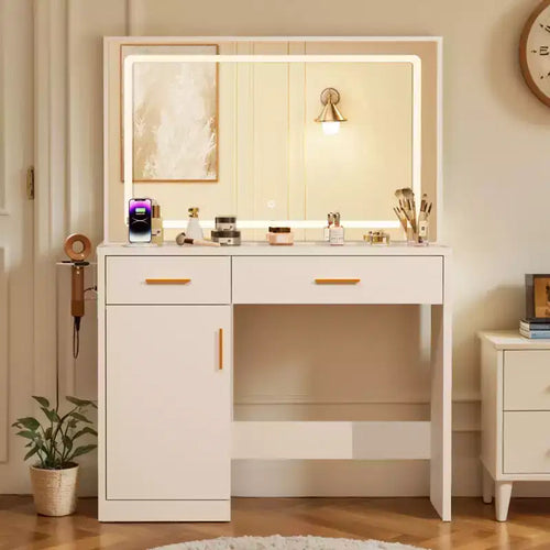 Okak Makeup Vanity with 3 Color Adjustable Mirror; Vanity Desk with Charging Station and Ample Storage; Dressing Table for Bedroom