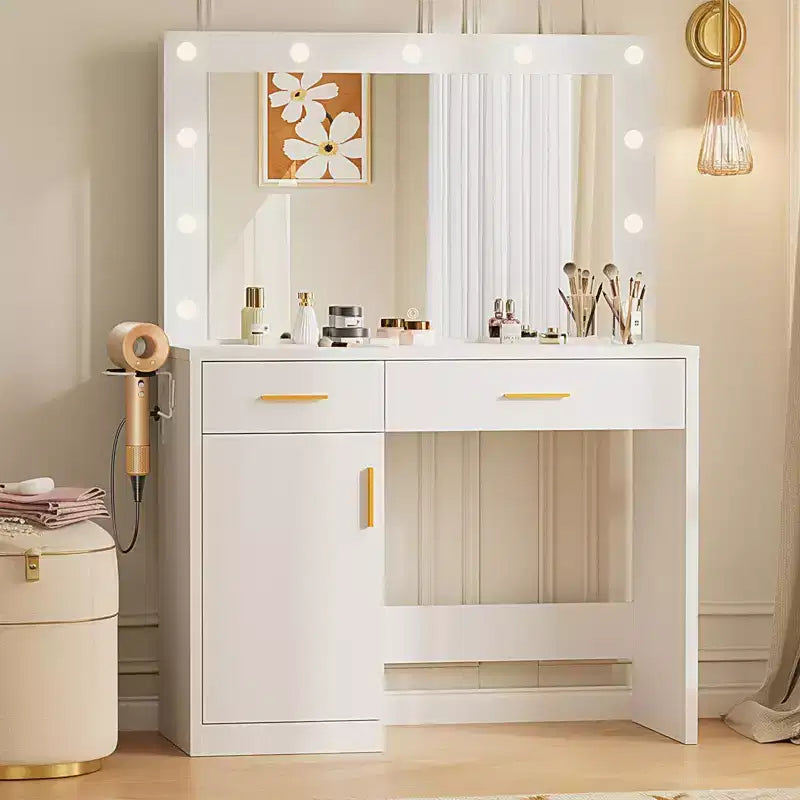 Okak Makeup Vanity with 3 Color Adjustable Mirror; Vanity Desk with Charging Station and Ample Storage; Dressing Table for Bedroom