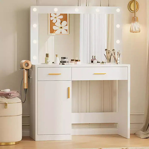 Okak Makeup Vanity with 3 Color Adjustable Mirror; Vanity Desk with Charging Station and Ample Storage; Dressing Table for Bedroom