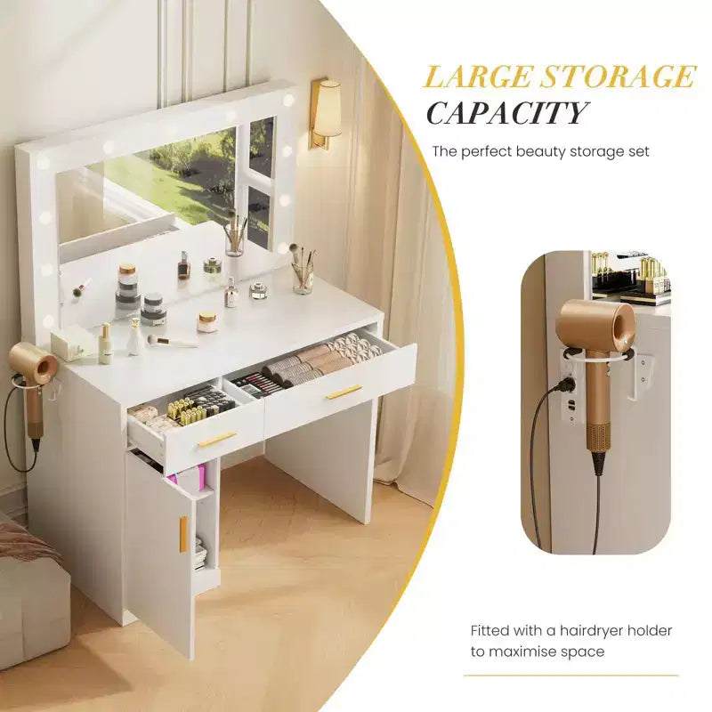 Okak Makeup Vanity with 3 Color Adjustable Mirror; Vanity Desk with Charging Station and Ample Storage; Dressing Table for Bedroom