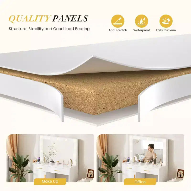 Okak Makeup Vanity with 3 Color Adjustable Mirror; Vanity Desk with Charging Station and Ample Storage; Dressing Table for Bedroom