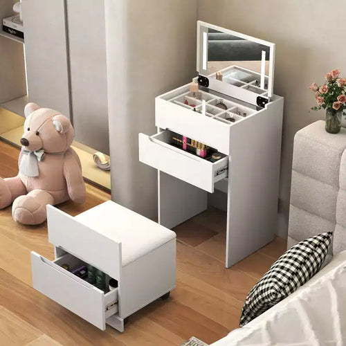 Okak 3-IN-1 Vanity Desk with Visible Glass Desktop and Flip Top Mirror; Makeup Vanity with 3 Drawers and 1 Stool; Compact Vanity for Bedroom; White