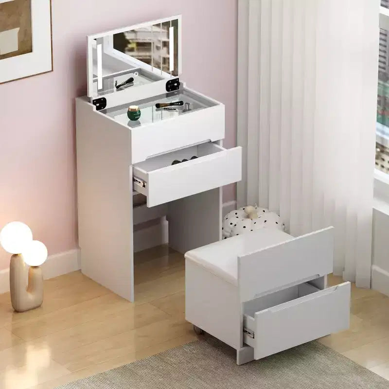 Okak 3-IN-1 Vanity Desk with Visible Glass Desktop and Flip Top Mirror; Makeup Vanity with 3 Drawers and 1 Stool; Compact Vanity for Bedroom; White