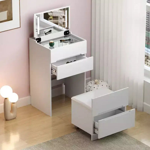 Okak 3-IN-1 Vanity Desk with Visible Glass Desktop and Flip Top Mirror; Makeup Vanity with 3 Drawers and 1 Stool; Compact Vanity for Bedroom; White