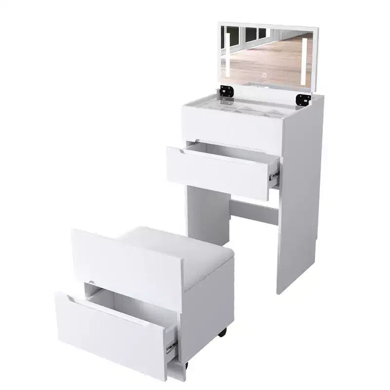 Okak 3-IN-1 Vanity Desk with Visible Glass Desktop and Flip Top Mirror; Makeup Vanity with 3 Drawers and 1 Stool; Compact Vanity for Bedroom; White