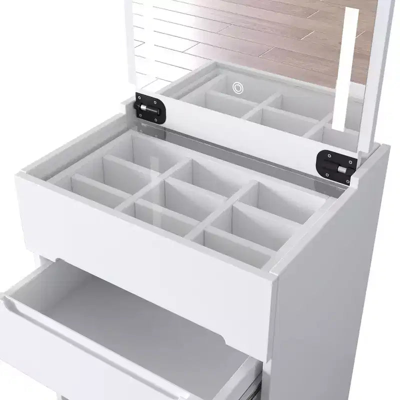 Okak 3-IN-1 Vanity Desk with Visible Glass Desktop and Flip Top Mirror; Makeup Vanity with 3 Drawers and 1 Stool; Compact Vanity for Bedroom; White