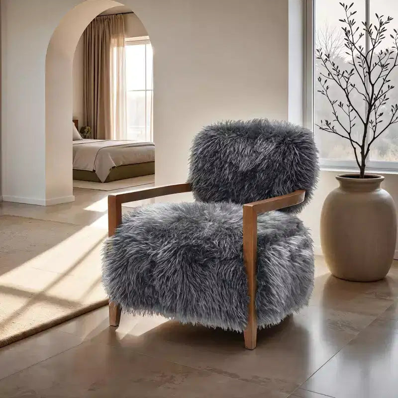 TUYOHW 28 Wide Yeti Accent Chair;Faux Fur Upholstered Lounge Chair with Tight Back & Seat;Walnut Wooden Arms;Armchair for Living Room;Bedroom