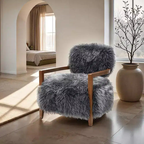 TUYOHW 28 Wide Yeti Accent Chair;Faux Fur Upholstered Lounge Chair with Tight Back & Seat;Walnut Wooden Arms;Armchair for Living Room;Bedroom