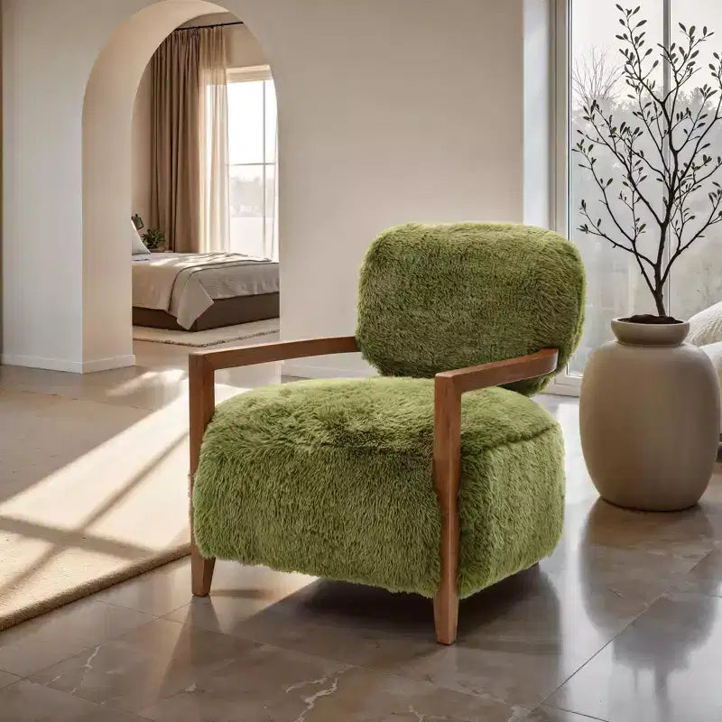 TUYOHW 28 Wide Yeti Accent Chair;Faux Fur Upholstered Lounge Chair with Tight Back & Seat;Walnut Wooden Arms;Armchair for Living Room;Bedroom