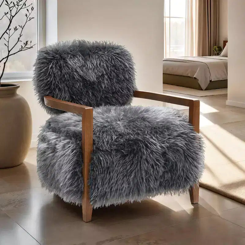 TUYOHW 28 Wide Yeti Accent Chair;Faux Fur Upholstered Lounge Chair with Tight Back & Seat;Walnut Wooden Arms;Armchair for Living Room;Bedroom